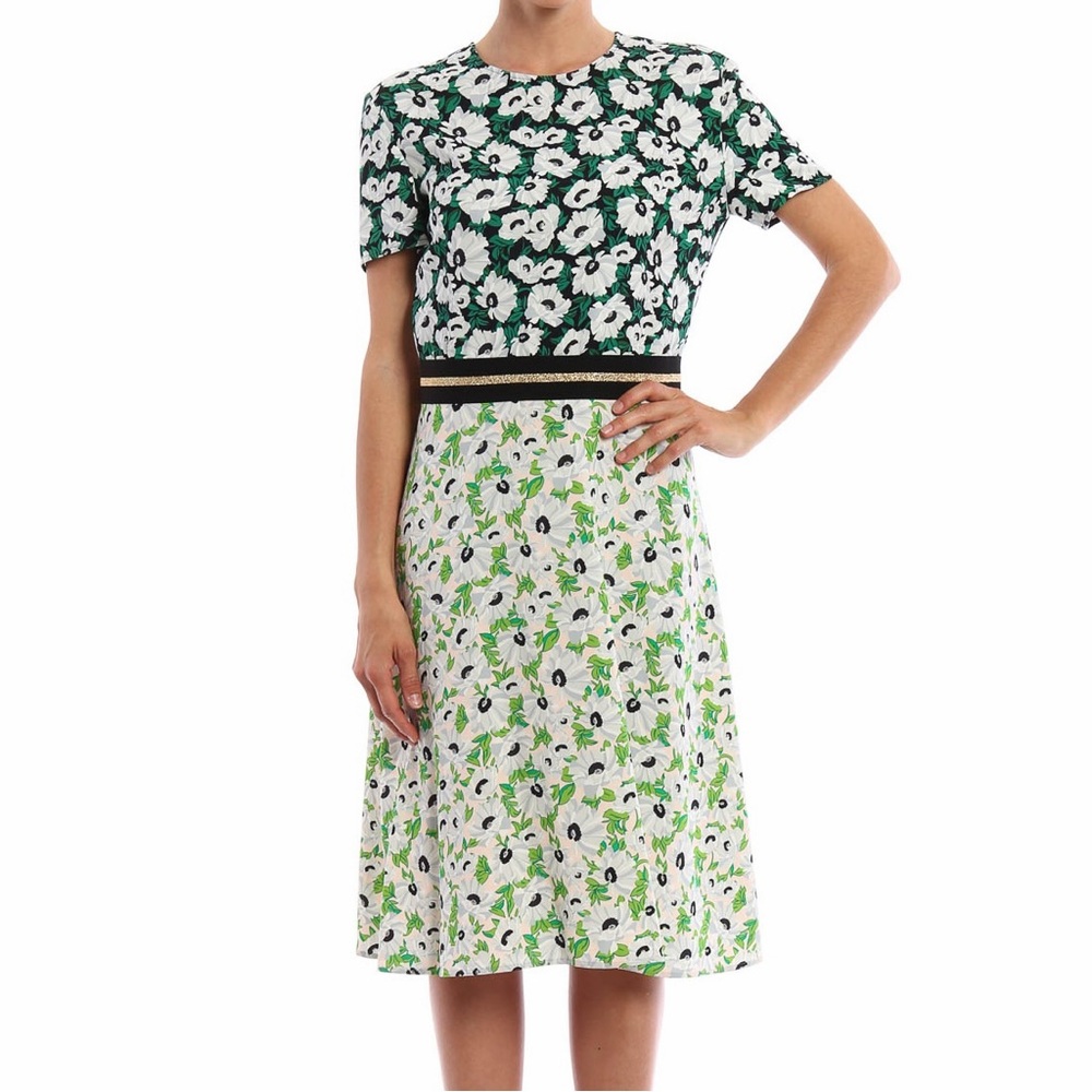 Stella McCartney Petra Green Floral Print Dress Elastic Waist Two Tone IT 40